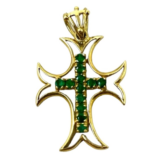 18K solid yellow gold with genuine emeralds cross pendant, 3.7g - Picture 2 of 16